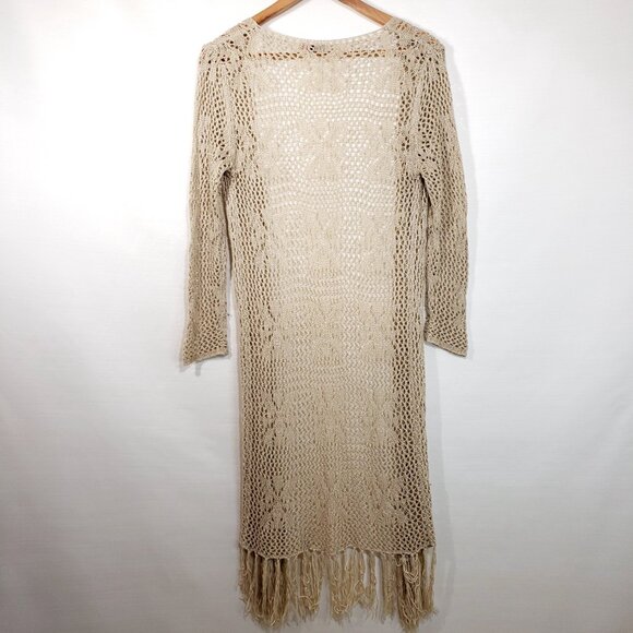 Y2K Vintage Western Boho Fringe Open Knit Duster Cardigan Sweater in light brown - Picture 2 of 7